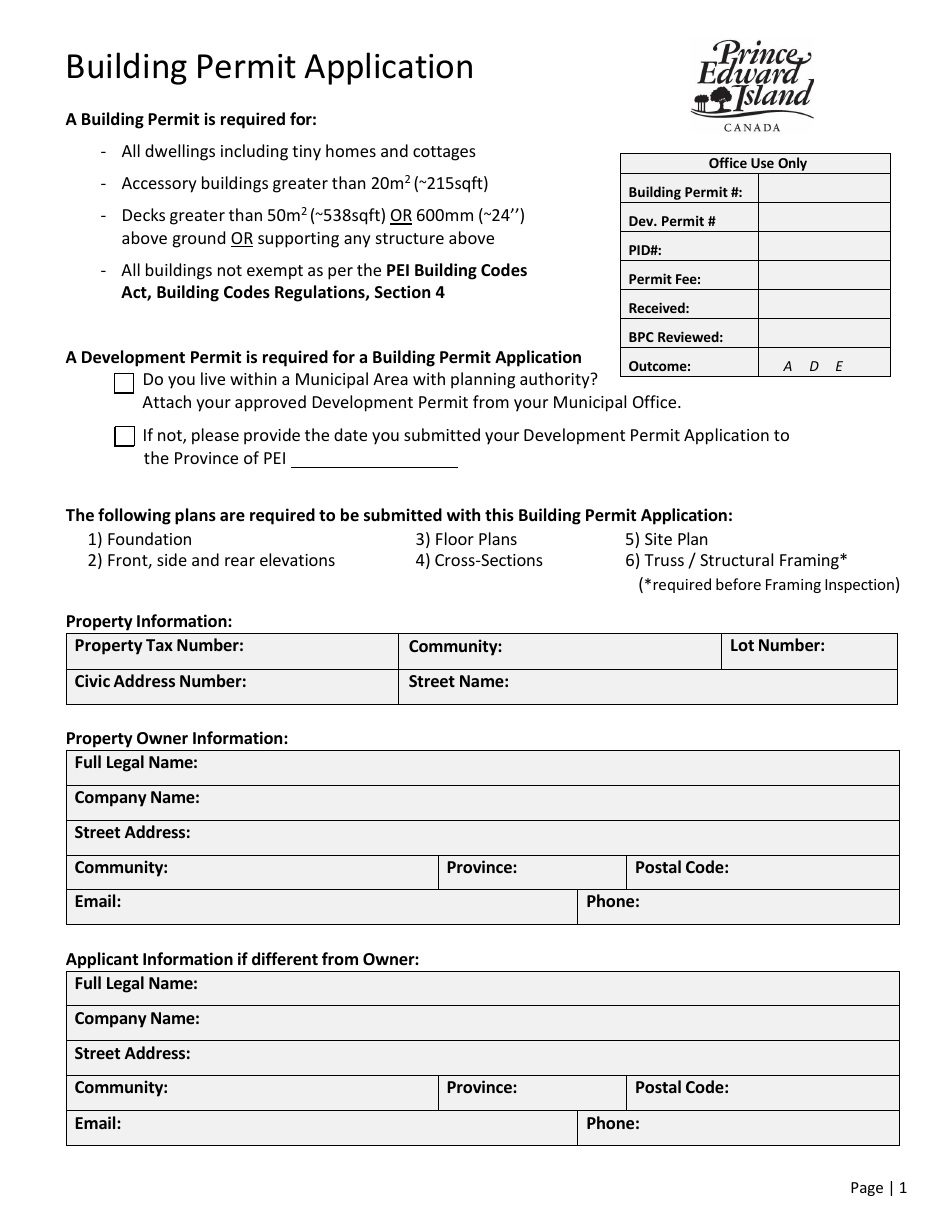 Prince Edward Island Canada Building Permit Application Fill Out