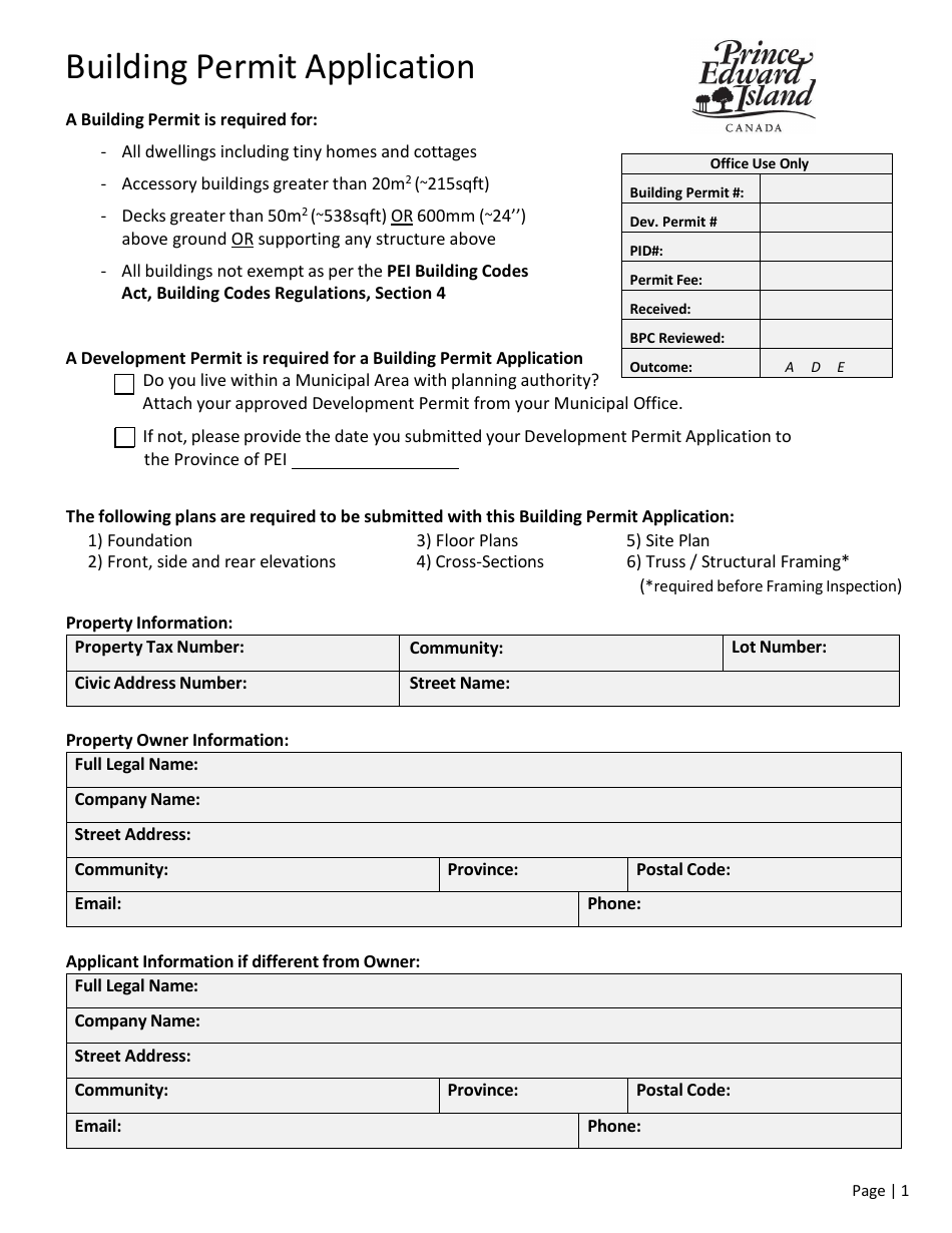 Building Permit Application - Prince Edward Island, Canada, Page 1