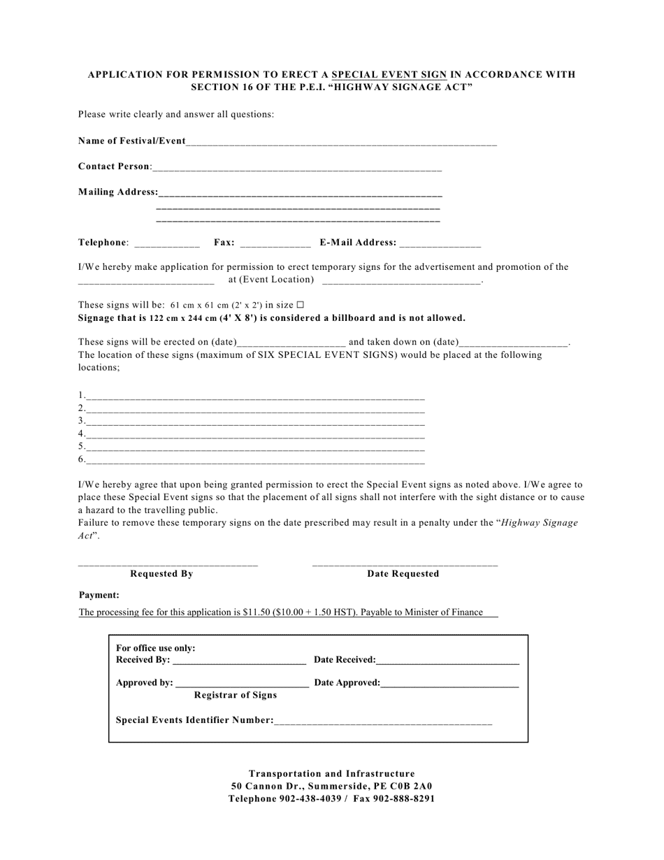 Application for Permission to Erect a Special Event Sign in Accordance With Section 16 of the P.e.i. highway Signage Act - Prince Edward Island, Canada, Page 2