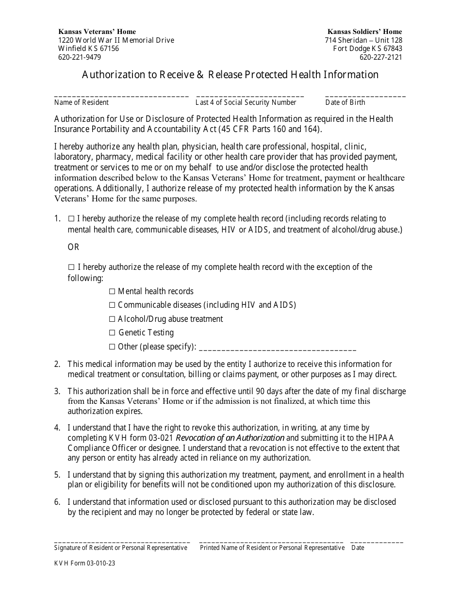 KVH Form 03-010-23 Authorization to Receive  Release Protected Health Information - Kansas, Page 1