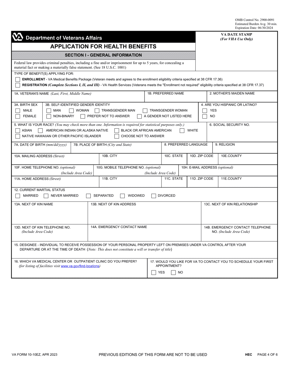 VA Form 1010EZ Download Fillable PDF or Fill Online Application for