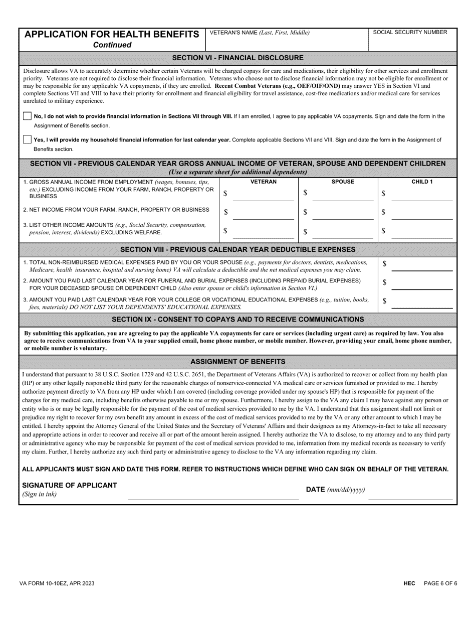 VA Form 1010EZ Download Fillable PDF or Fill Online Application for