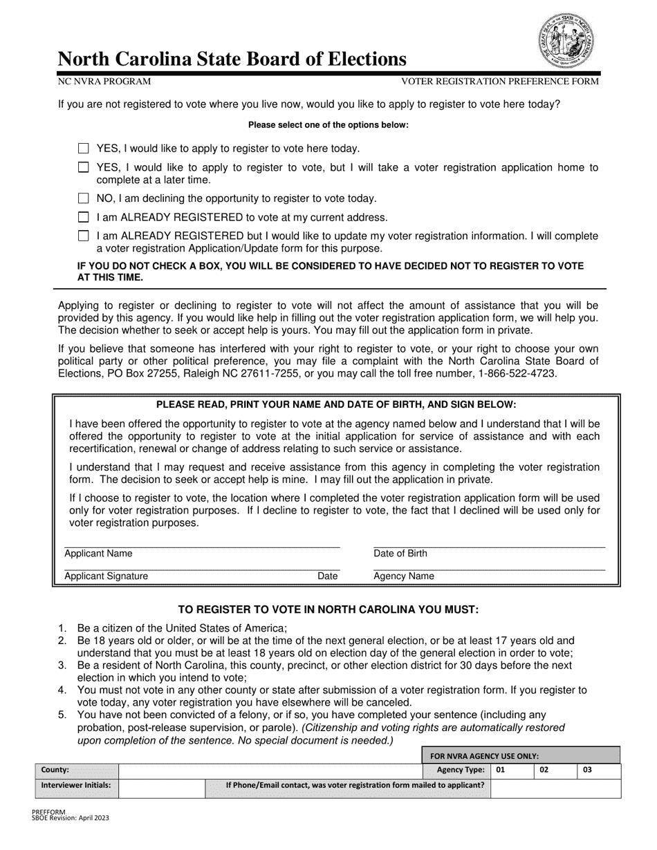 Voter Registration Preference Form - Nc Nvra Program - North Carolina, Page 1