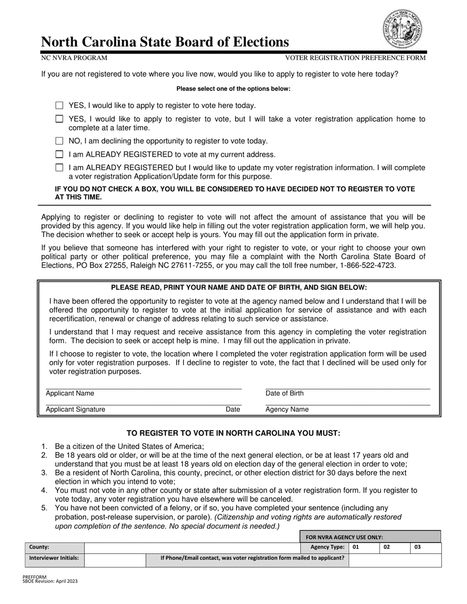 North Carolina Voter Registration Preference Form Nc Nvra Program Download Printable Pdf 2022 