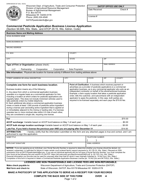 Form DARM-BACM-037 Commercial Pesticide Application Business License Application - Wisconsin