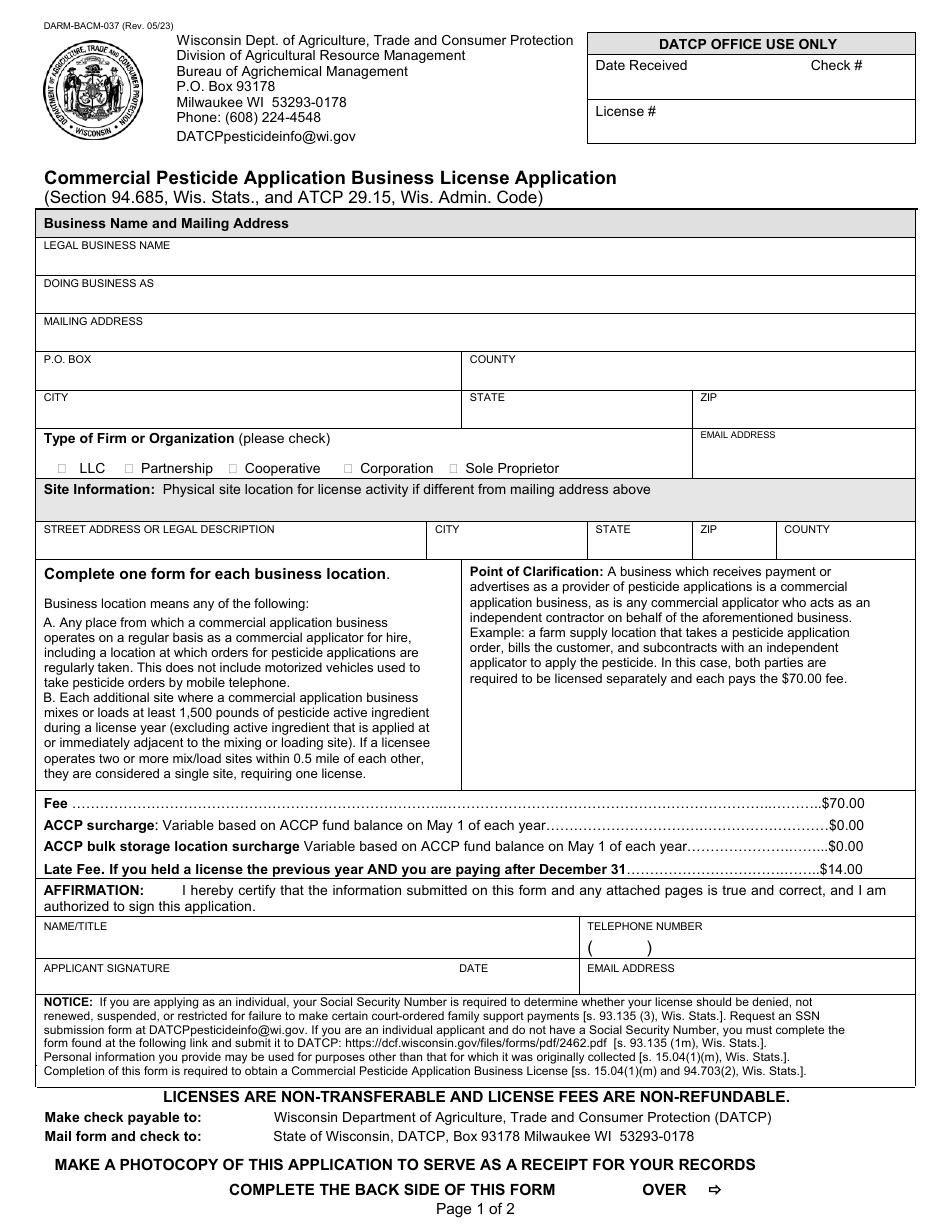 Form DARM-BACM-037 Commercial Pesticide Application Business License Application - Wisconsin, Page 1