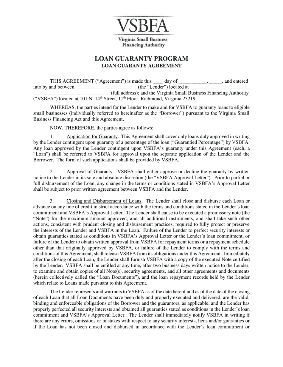 Loan Guaranty Program Agreement - Virginia, Page 1