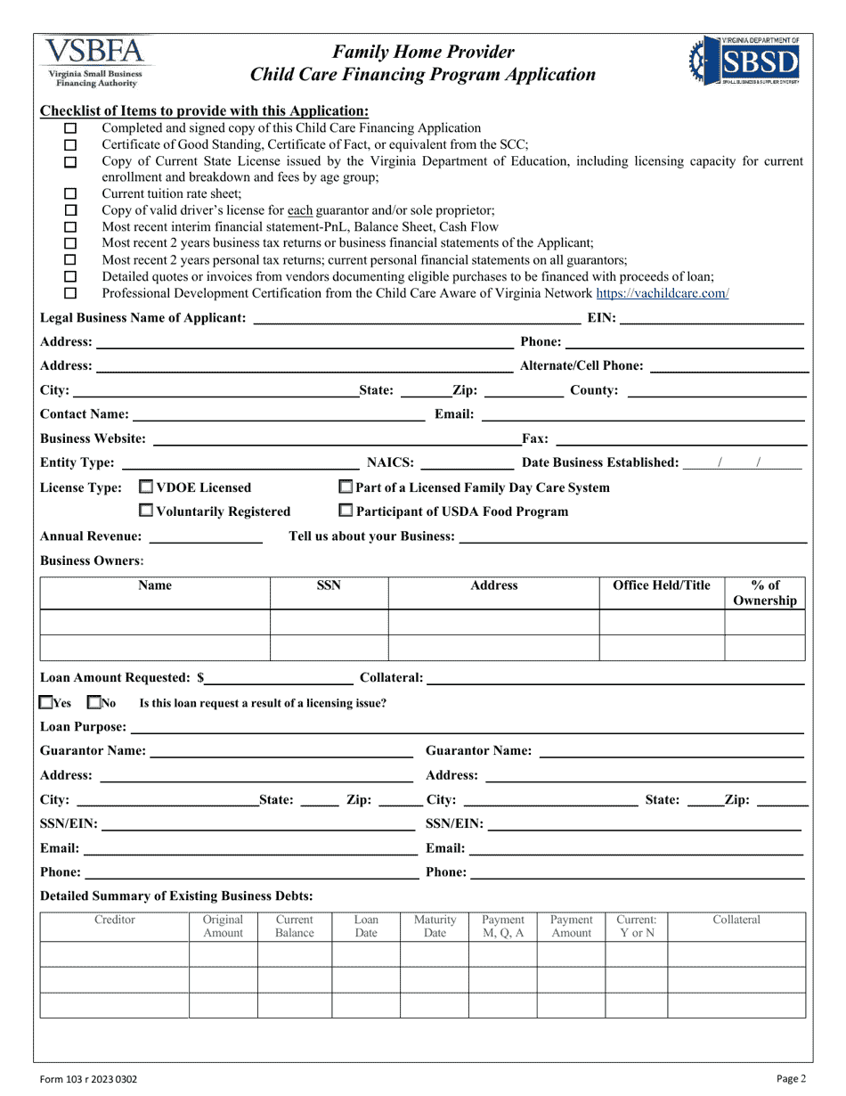 Form 103 Family Home Provider Child Care Financing Program Application - Virginia, Page 2