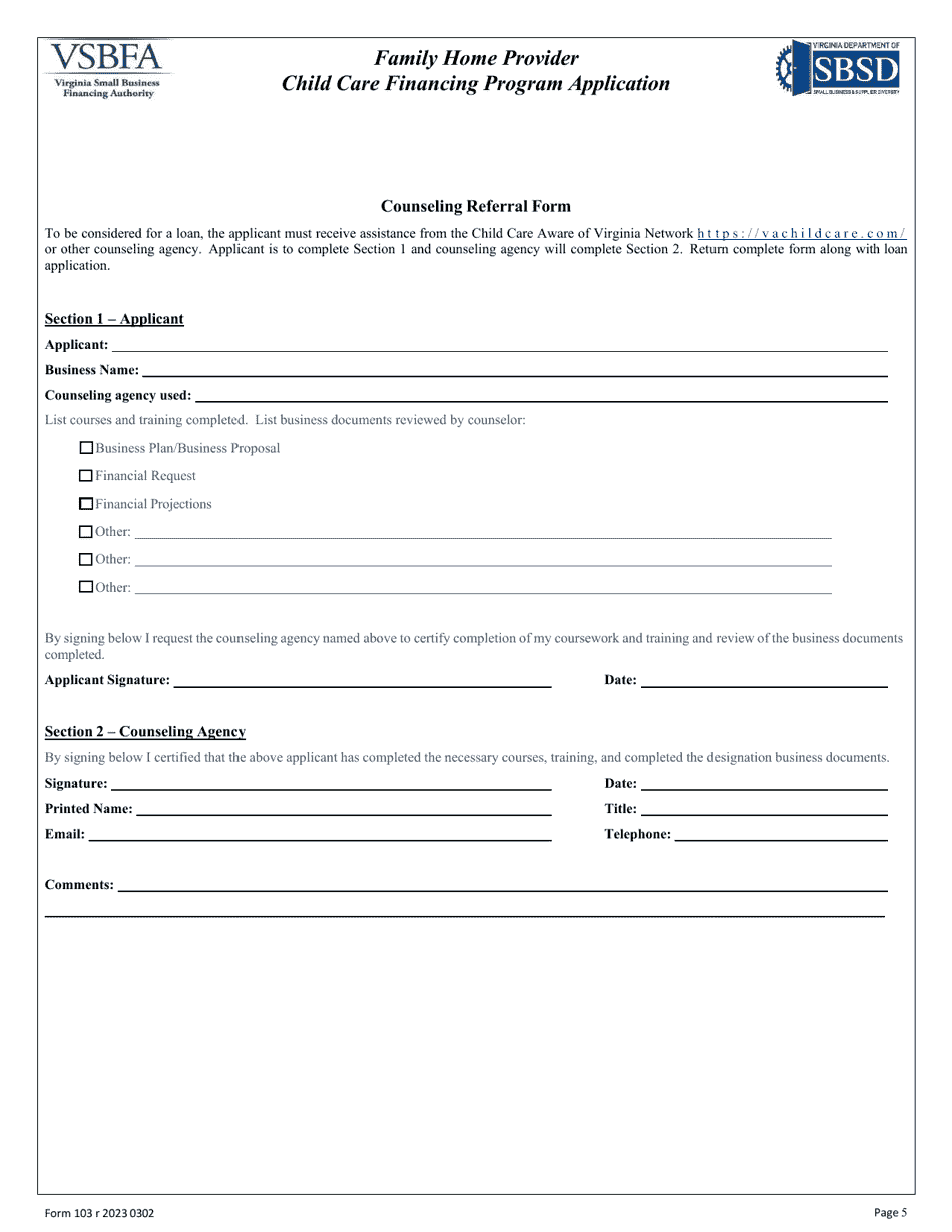 Form 103 Family Home Provider Child Care Financing Program Application - Virginia, Page 5