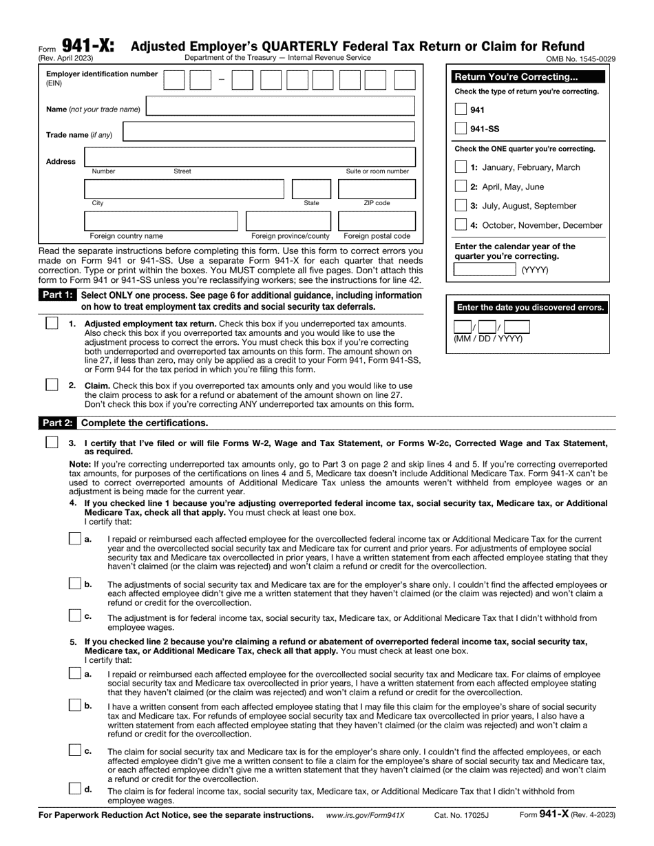 IRS Form 941X Download Fillable PDF or Fill Online Adjusted Employer's