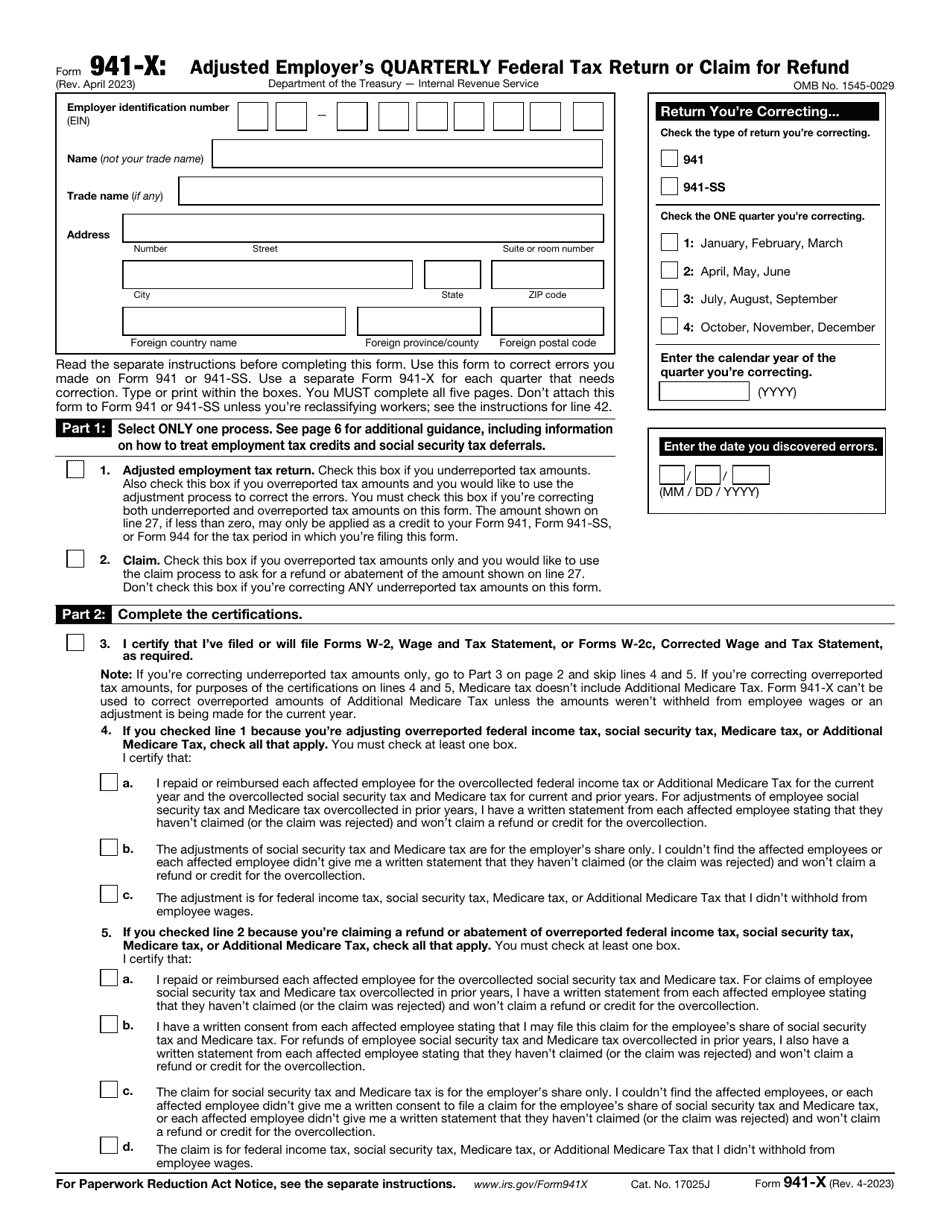 IRS Form 941-X Adjusted Employers Quarterly Federal Tax Return or Claim for Refund, Page 1