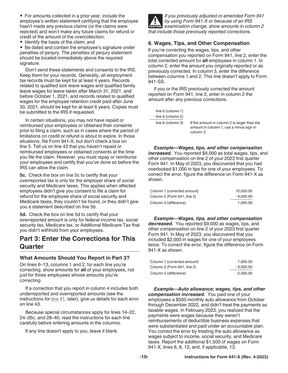 Instructions for IRS Form 941-X Adjusted Employers Quarterly Federal Tax Return or Claim for Refund, Page 10