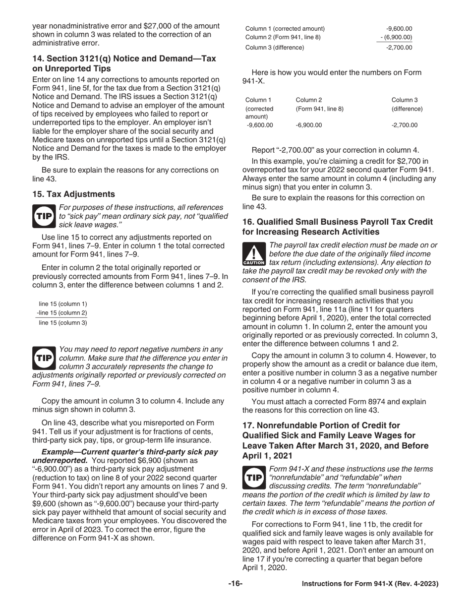 Instructions for IRS Form 941-X Adjusted Employers Quarterly Federal Tax Return or Claim for Refund, Page 16