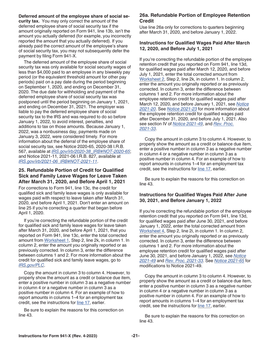Instructions for IRS Form 941-X Adjusted Employers Quarterly Federal Tax Return or Claim for Refund, Page 21