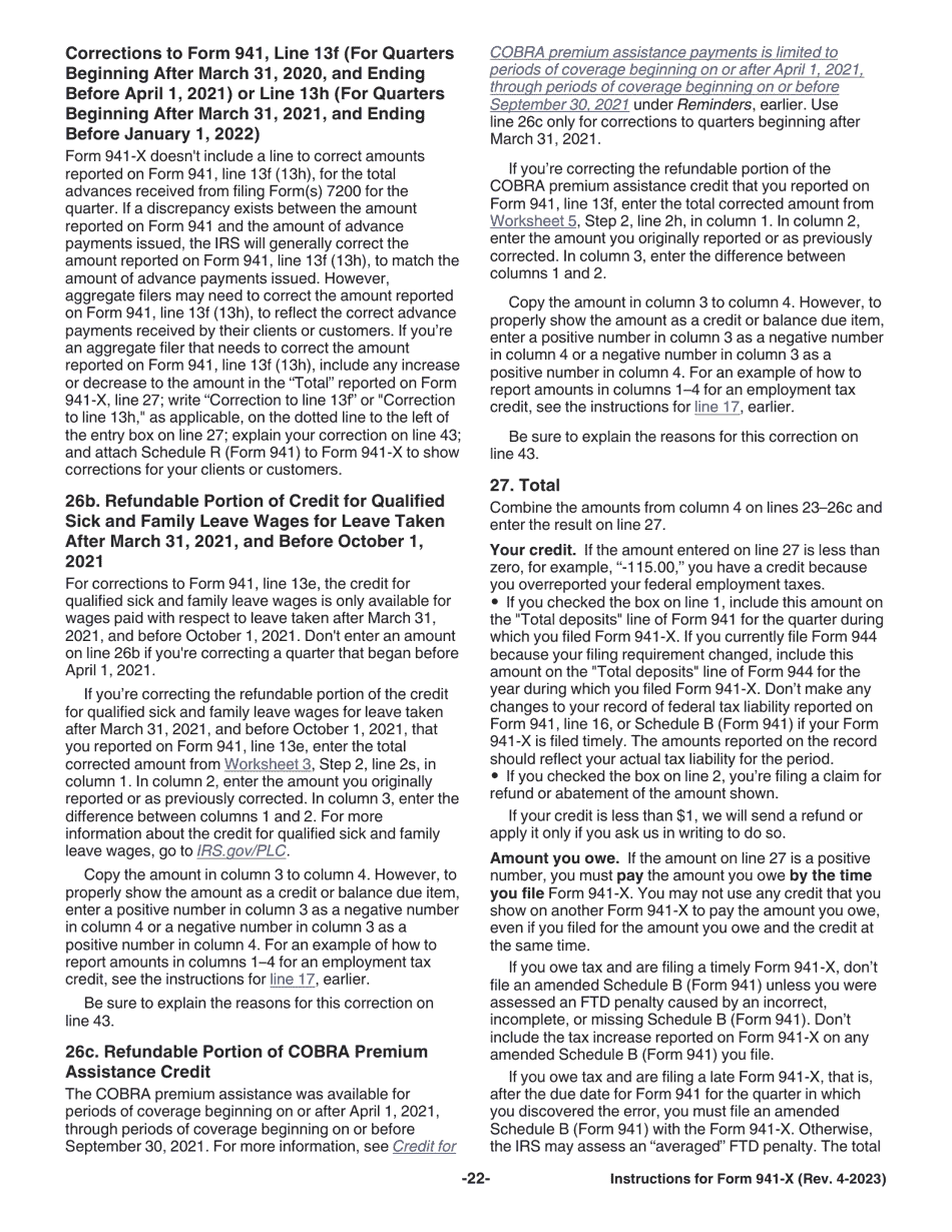 Instructions for IRS Form 941-X Adjusted Employers Quarterly Federal Tax Return or Claim for Refund, Page 22