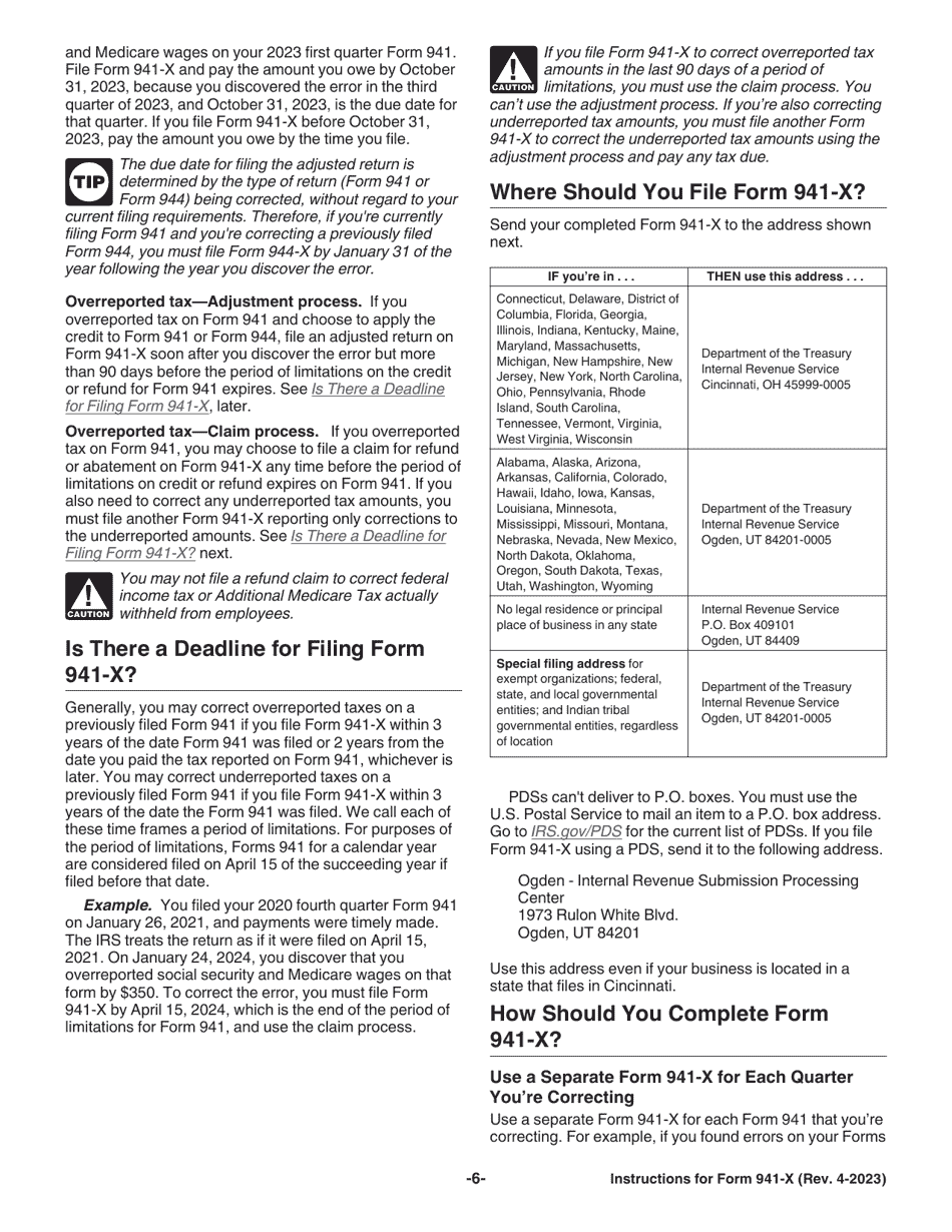 Instructions for IRS Form 941-X Adjusted Employers Quarterly Federal Tax Return or Claim for Refund, Page 6