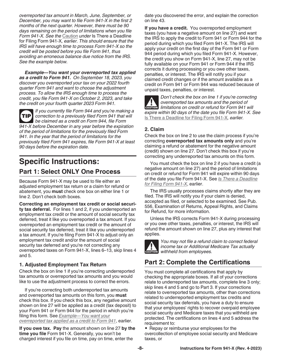 Instructions for IRS Form 941-X Adjusted Employers Quarterly Federal Tax Return or Claim for Refund, Page 8