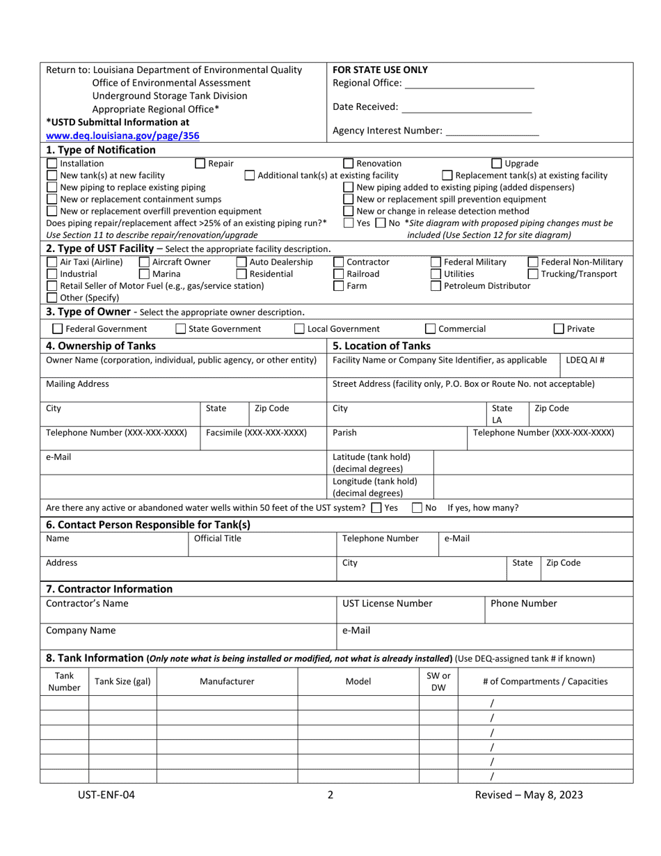 Form UST-ENF-04 Ust System Installation, Renovation, Repair, and Upgrade Notification Form - Louisiana, Page 2