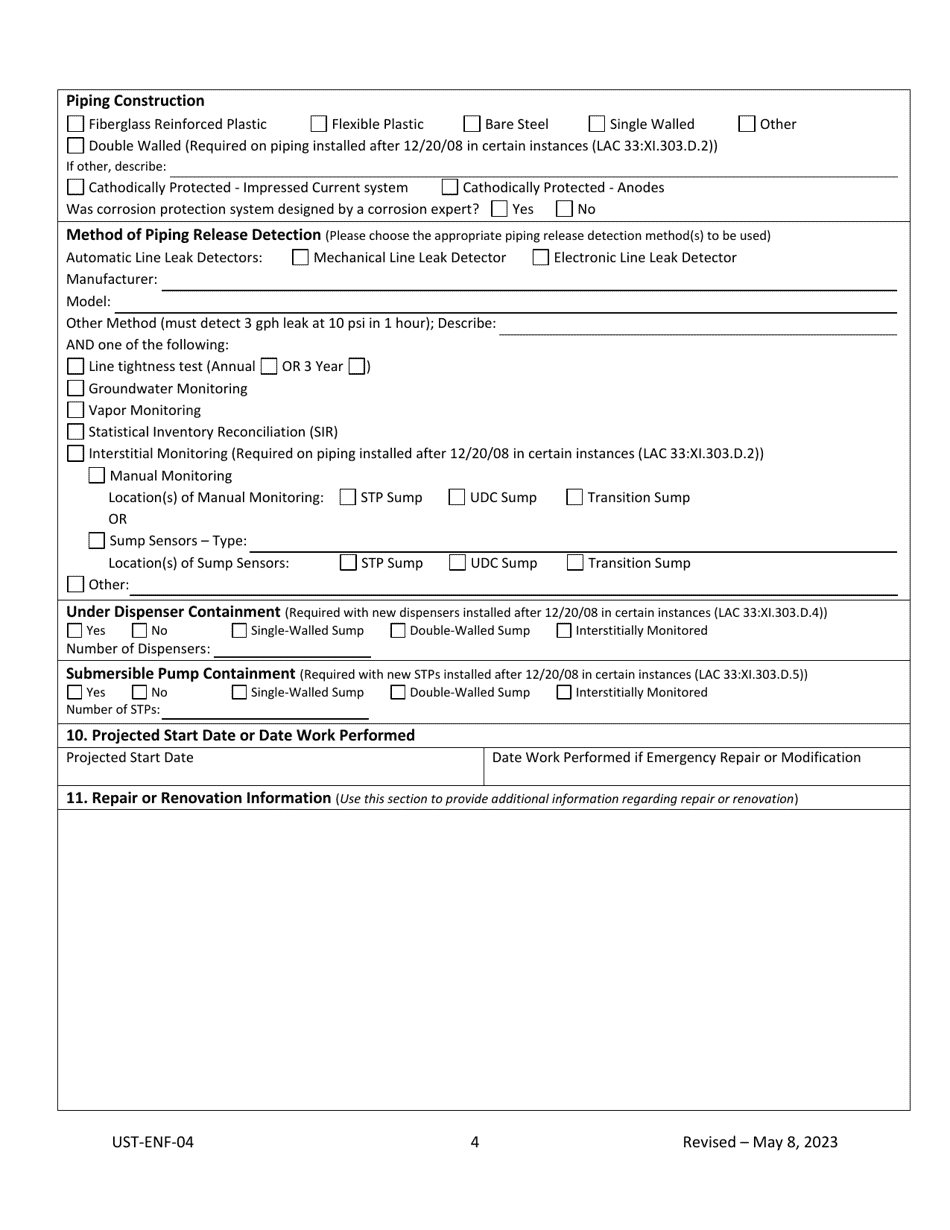 Form UST-ENF-04 Ust System Installation, Renovation, Repair, and Upgrade Notification Form - Louisiana, Page 4