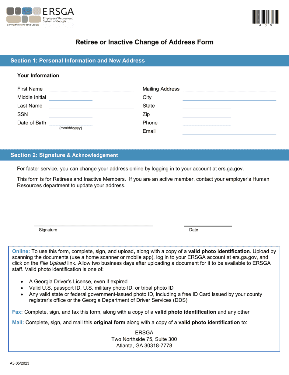 Form A3 Retiree or Inactive Change of Address Form - Georgia (United States), Page 1