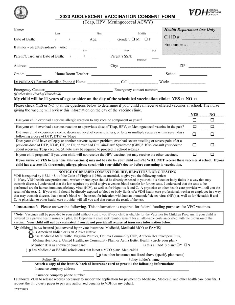 Adolescent Vaccination Consent Form - Virginia, Page 1