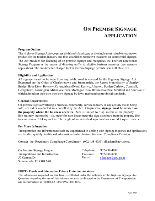 Application for Permission to Erect a on Premise Sign in Accordance With Section 16 of the P.e.i. "highway Signage Act" - Prince Edward Island, Canada Download Pdf