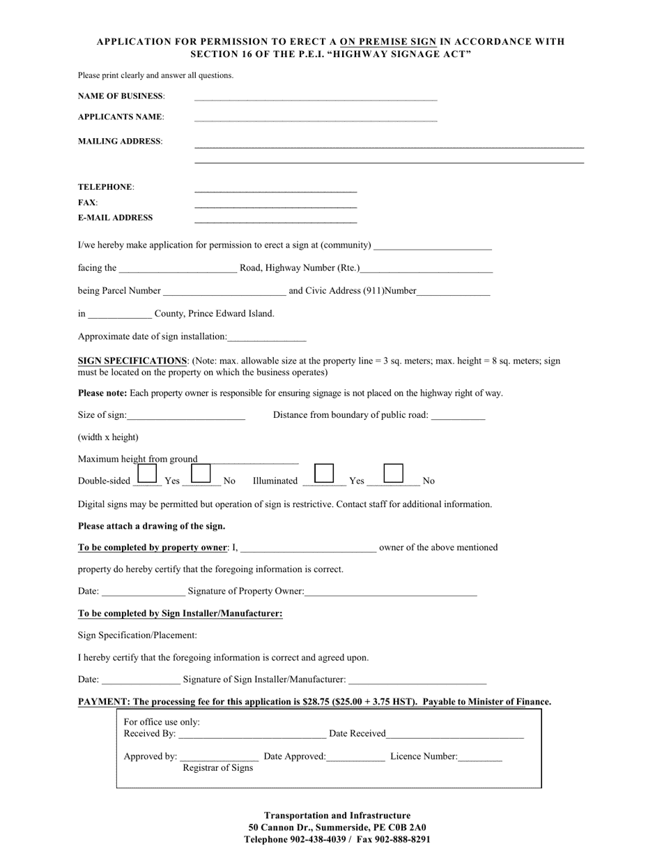 Application for Permission to Erect a on Premise Sign in Accordance With Section 16 of the P.e.i. highway Signage Act - Prince Edward Island, Canada, Page 2