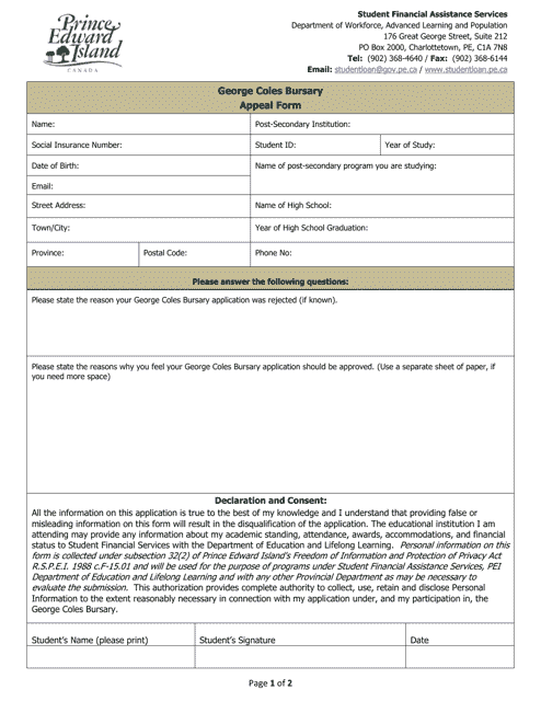 George Coles Bursary Appeal Form - Prince Edward Island, Canada Download Pdf
