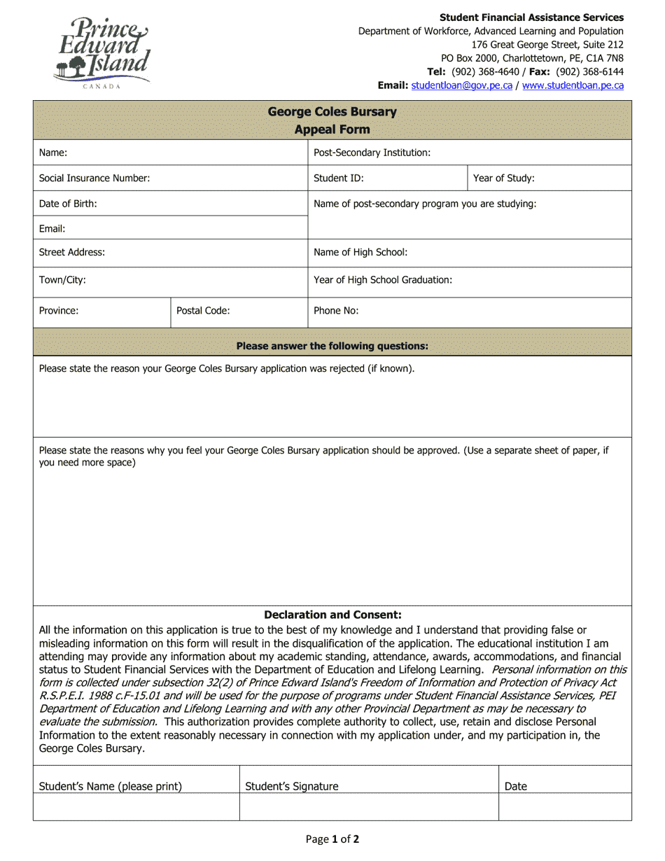 George Coles Bursary Appeal Form - Prince Edward Island, Canada, Page 1