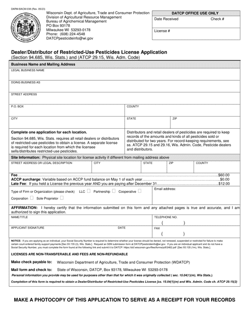 Form DARM-BACM-038 Dealer/Distributor of Restricted-Use Pesticides License Application - Wisconsin