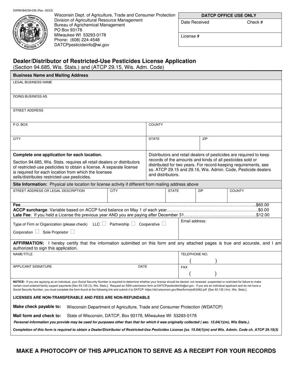 Form DARM-BACM-038 Dealer / Distributor of Restricted-Use Pesticides License Application - Wisconsin, Page 1