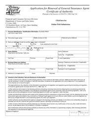 Document preview: Application for Renewal of General Insurance Agent Certificate of Authority - Prince Edward Island, Canada