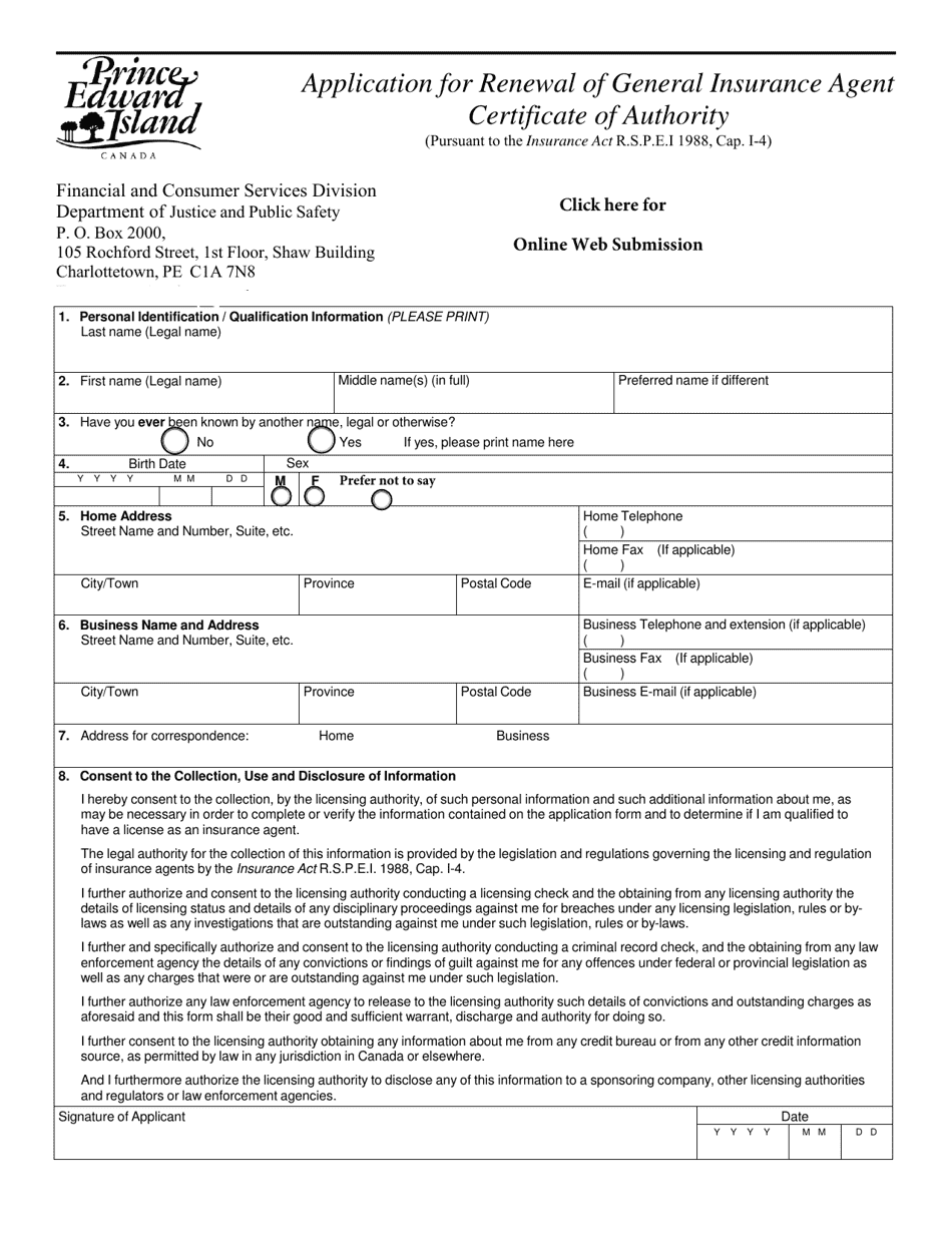 Application for Renewal of General Insurance Agent Certificate of Authority - Prince Edward Island, Canada, Page 1