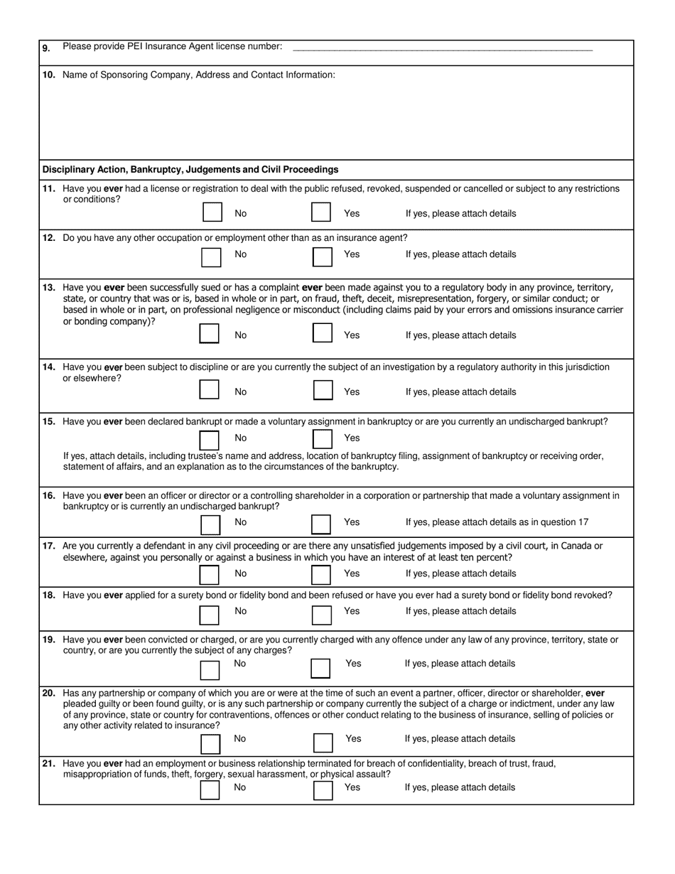 Application for Renewal of General Insurance Agent Certificate of Authority - Prince Edward Island, Canada, Page 2