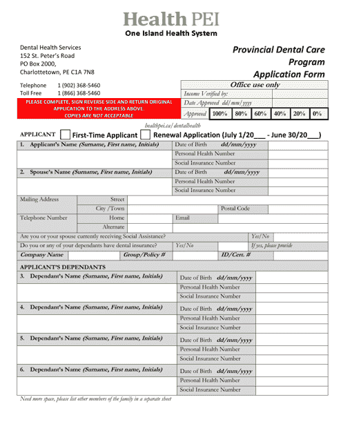 Provincial Dental Care Program Application Form - Prince Edward Island, Canada