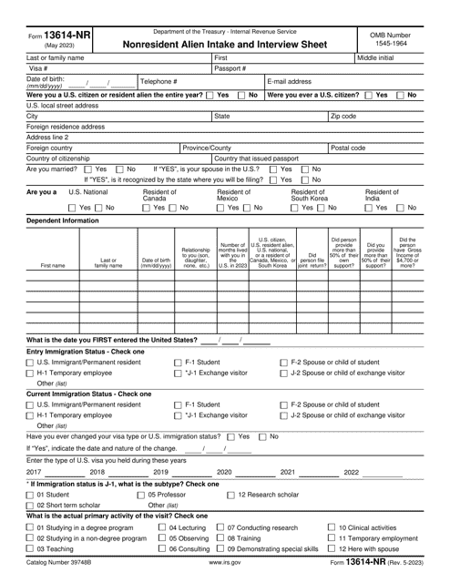 IRS Form 13614-NR Nonresident Alien Intake and Interview Sheet