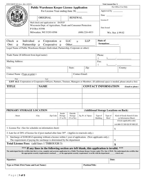 Form DTCP-BBTP-003 Public Warehouse Keeper License Application - Wisconsin