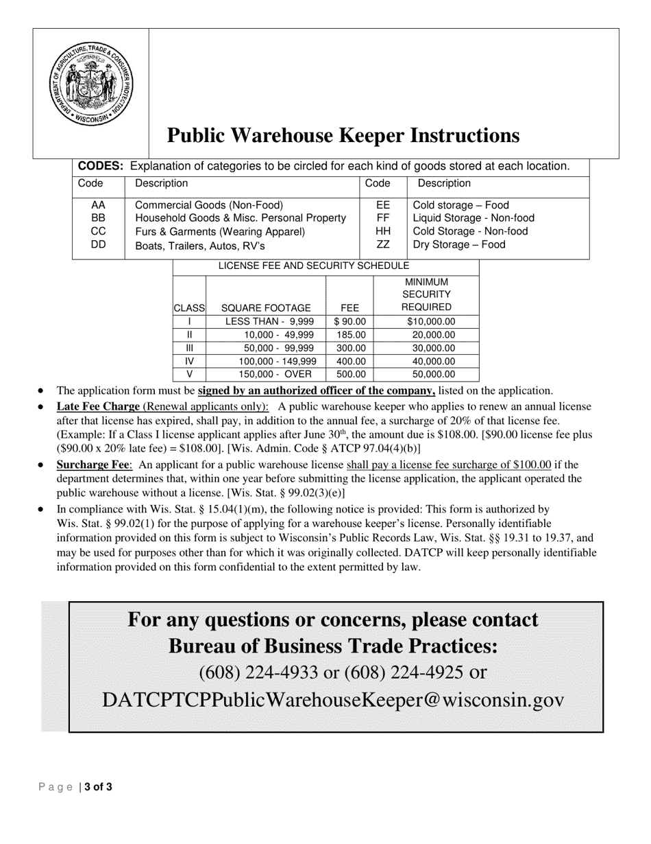 Form DTCP-BBTP-003 Public Warehouse Keeper License Application - Wisconsin, Page 3