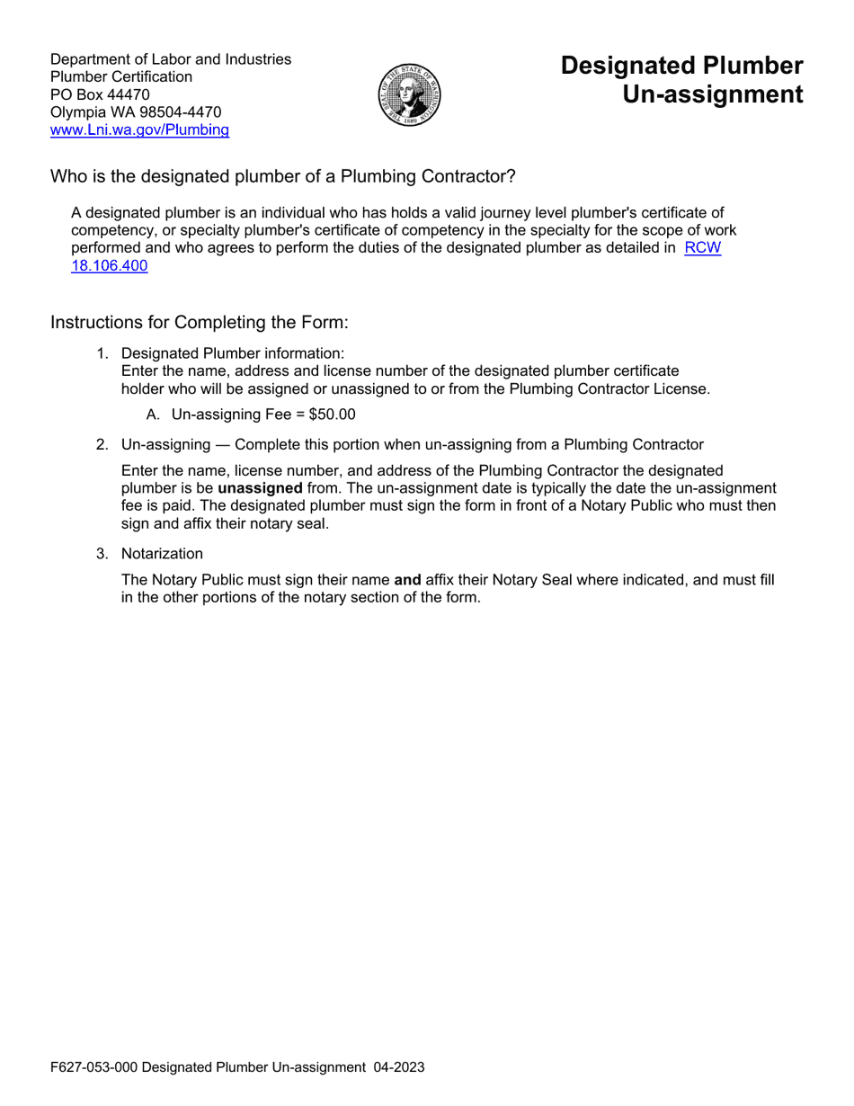 Form F627-053-000 Designated Plumber Un-assignment - Washington, Page 1