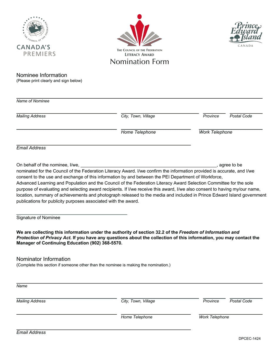 Form DPCEC-1424 Literacy Award Nomination Form - Prince Edward Island, Canada, Page 1