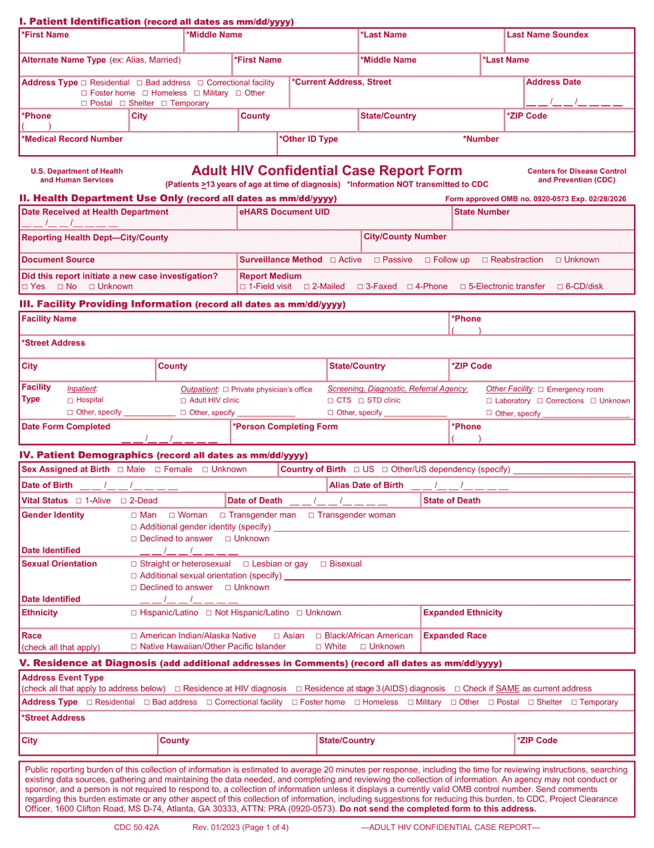 Form CDC50.42A Adult HIV Confidential Case Report Form, Page 1