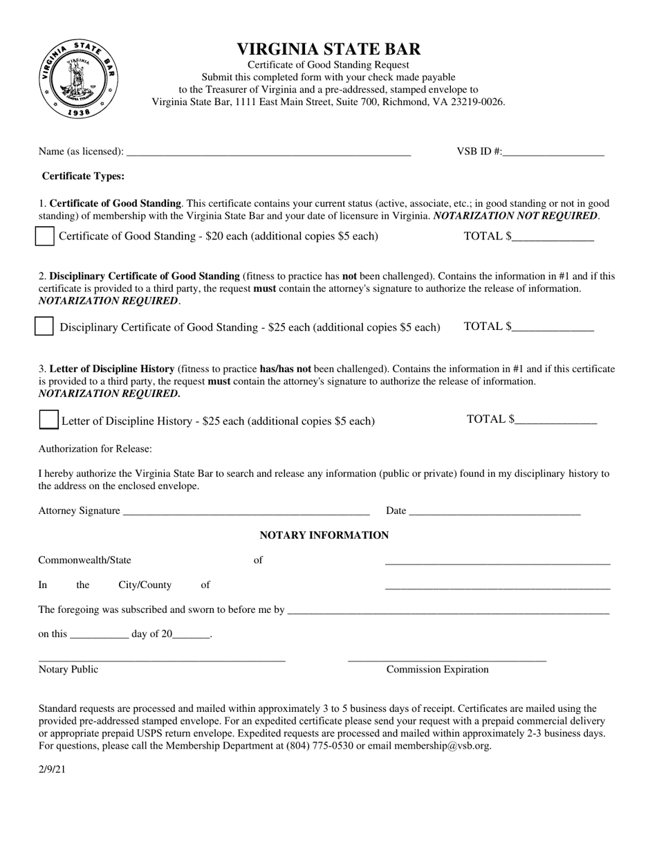 Virginia Certificate Of Good Standing Request Fill Out Sign Online And Download Pdf