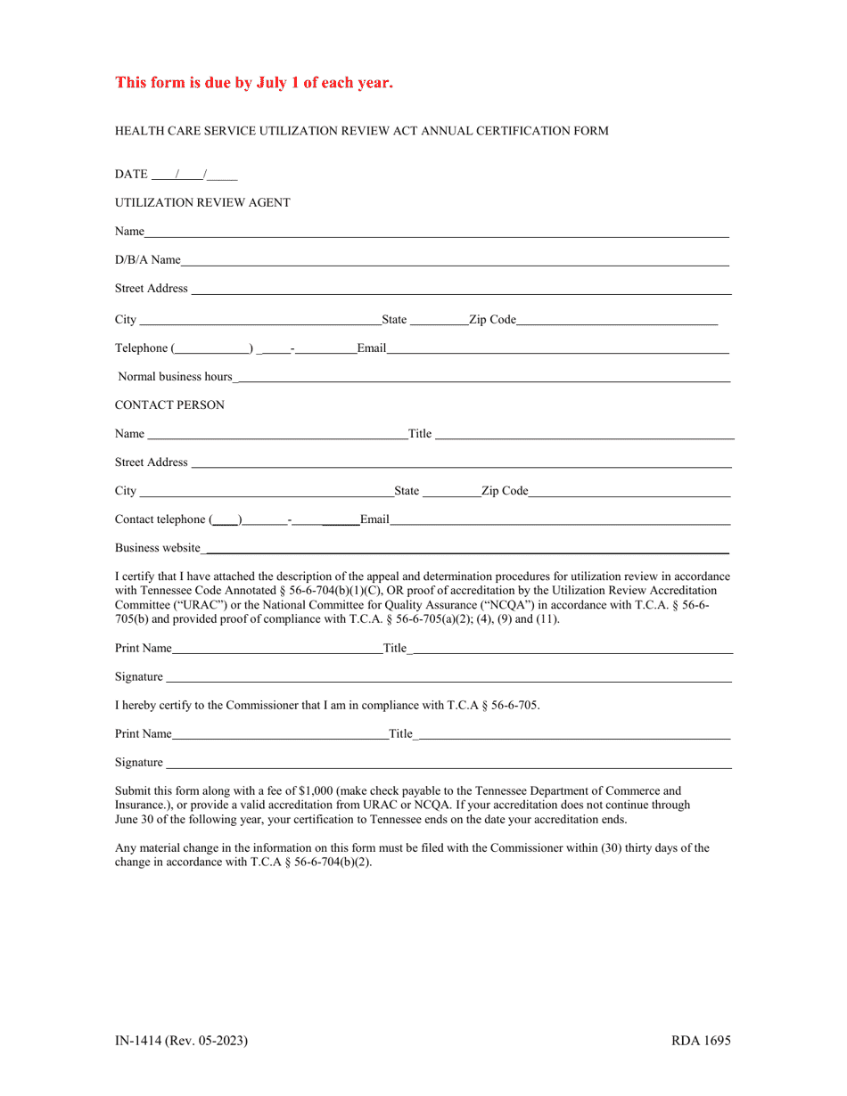 Form IN-1414 Health Care Service Utilization Review Act Application - Tennessee, Page 2