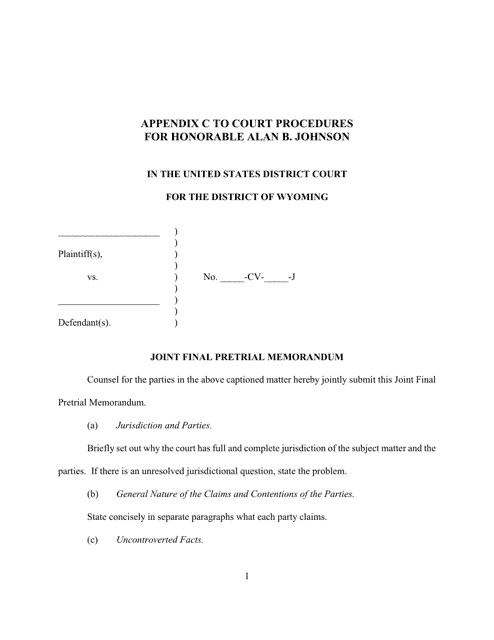 Appendix C Joint Final Pretrial Memorandum - Wyoming