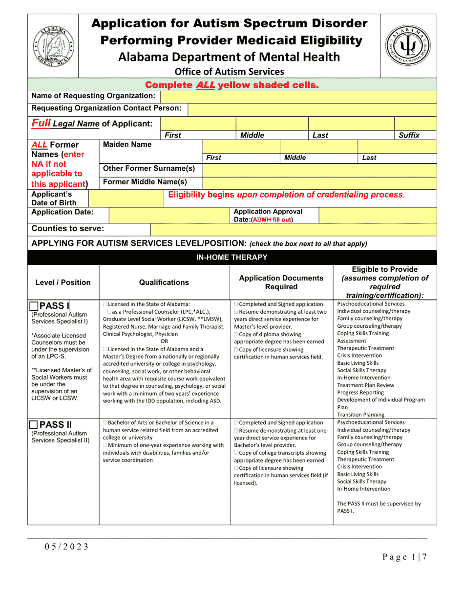 Application for Autism Spectrum Disorder Performing Provider Medicaid Eligibility - Alabama, Page 1