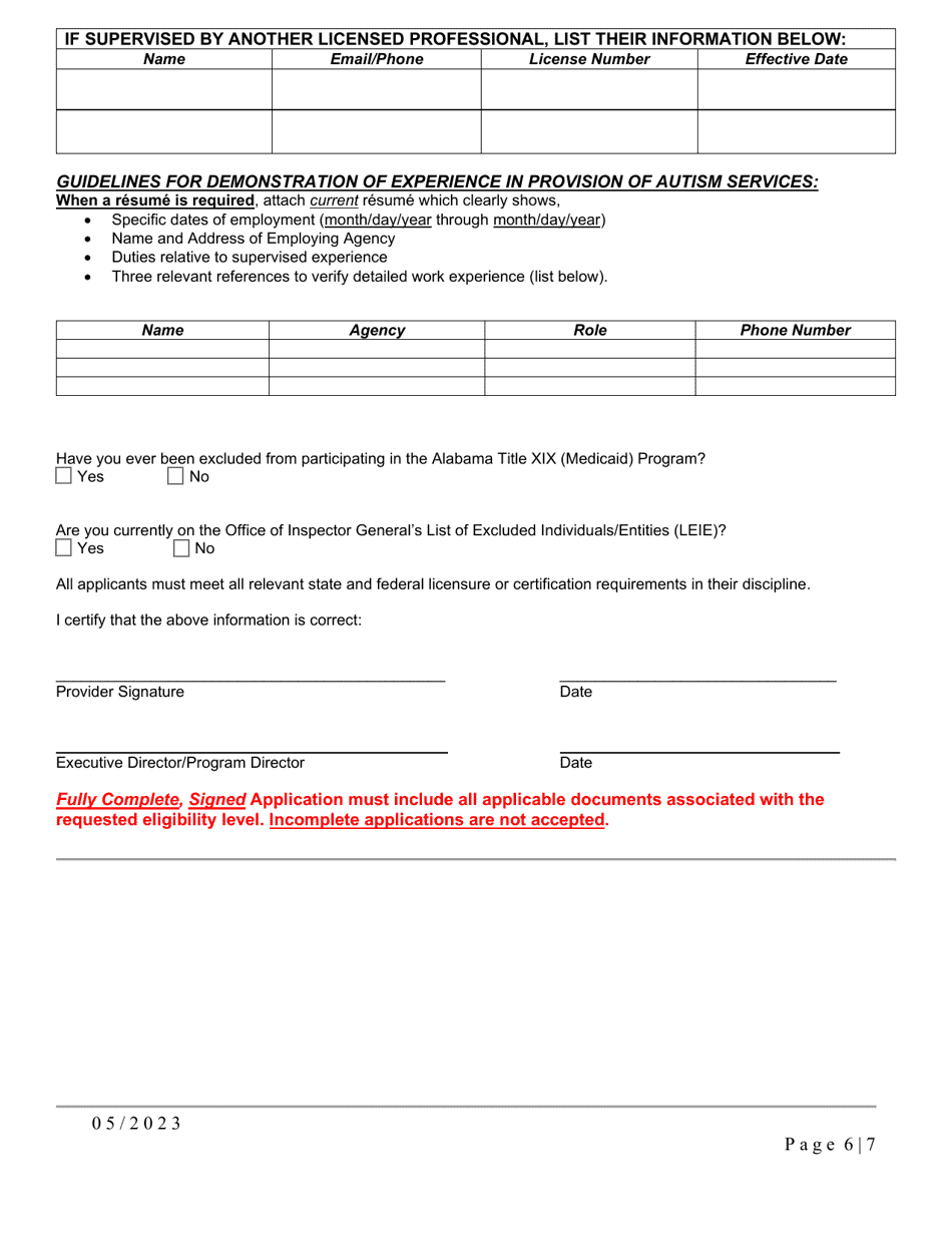 Application for Autism Spectrum Disorder Performing Provider Medicaid Eligibility - Alabama, Page 6