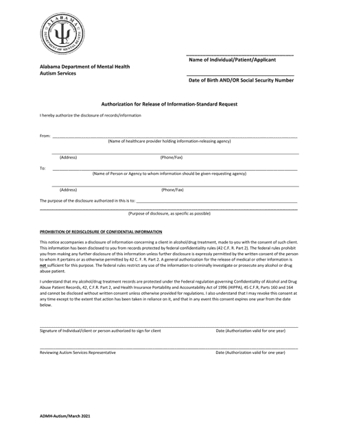 Authorization for Release of Information - Standard Request - Alabama Download Pdf