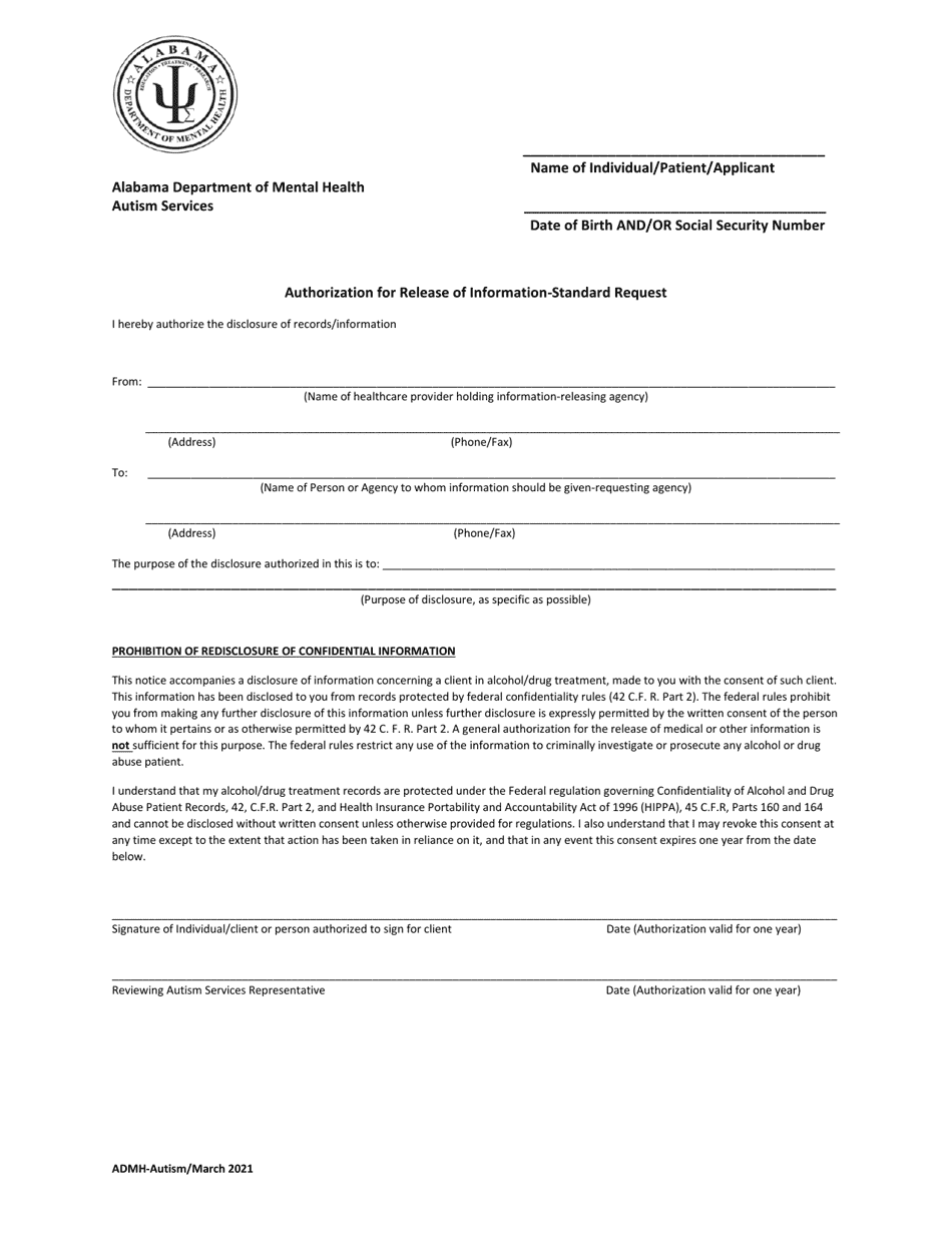 Authorization for Release of Information - Standard Request - Alabama, Page 1