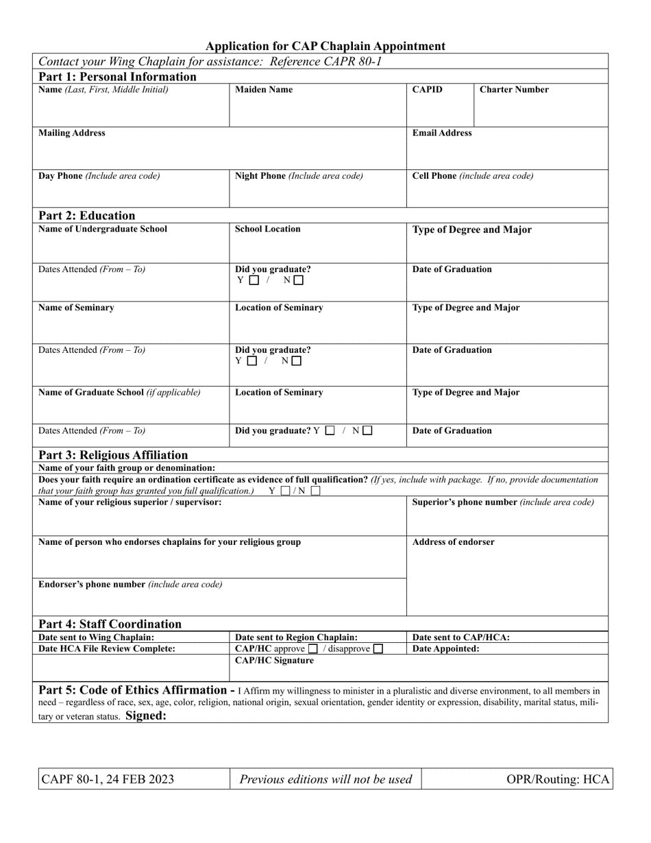 CAP Form 80-1 Application for CAP Chaplain Appointment, Page 1
