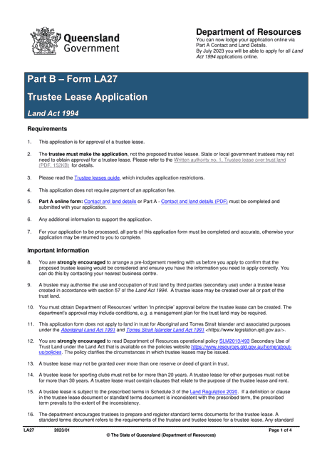 Form LA27 Part B Trustee Lease Application - Queensland, Australia